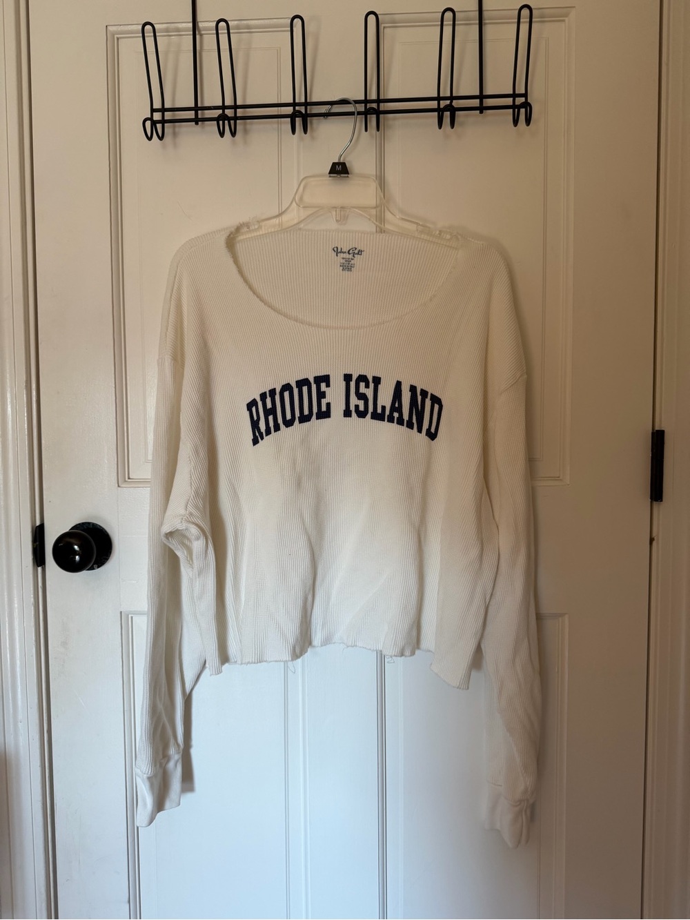 Brandy MelvilleRhode Island White Cropped Thermal Sweatshirt with Navy Lettering